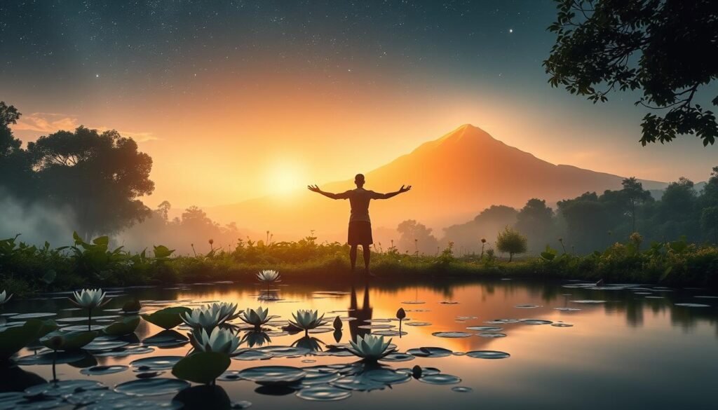A tranquil dreamscape filled with symbolic imagery of personal growth and transformation. In the foreground, a serene pond reflects the night sky, with floating lotus blossoms representing spiritual awakening. In the middle ground, a silhouetted figure stands amid lush, verdant foliage, arms outstretched in a pose of openness and receptivity. In the distance, a towering mountain range bathed in warm, golden light, signifying the summit of personal development. The overall atmosphere is one of introspection, growth, and a deep connection to the natural world. Soft, diffused lighting and a muted color palette evoke a sense of introspection and inner reflection.