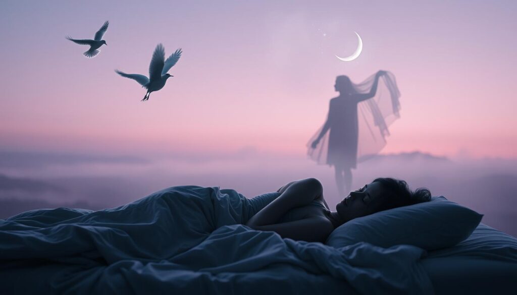 A tranquil dreamscape unfolds, filled with symbolic archetypes. In the foreground, a sleeping figure rests on a soft bed, enveloped in a serene, muted palette. Hovering above them, ethereal shapes and entities - a fluttering bird, a crescent moon, and swirling mists - represent the subconscious messages underlying the dream. The middle ground features a shadowy, indistinct form, hinting at the partner's departure. In the background, a lavender-hued sky and a distant, blurred landscape evoke a sense of unease and transition. Diffuse lighting casts a dreamlike quality, while a subtle depth of field blurs the boundaries between the physical and the metaphysical. Collectively, these elements invite the viewer to ponder the symbolic significance of the dream and its implications for the relationship.