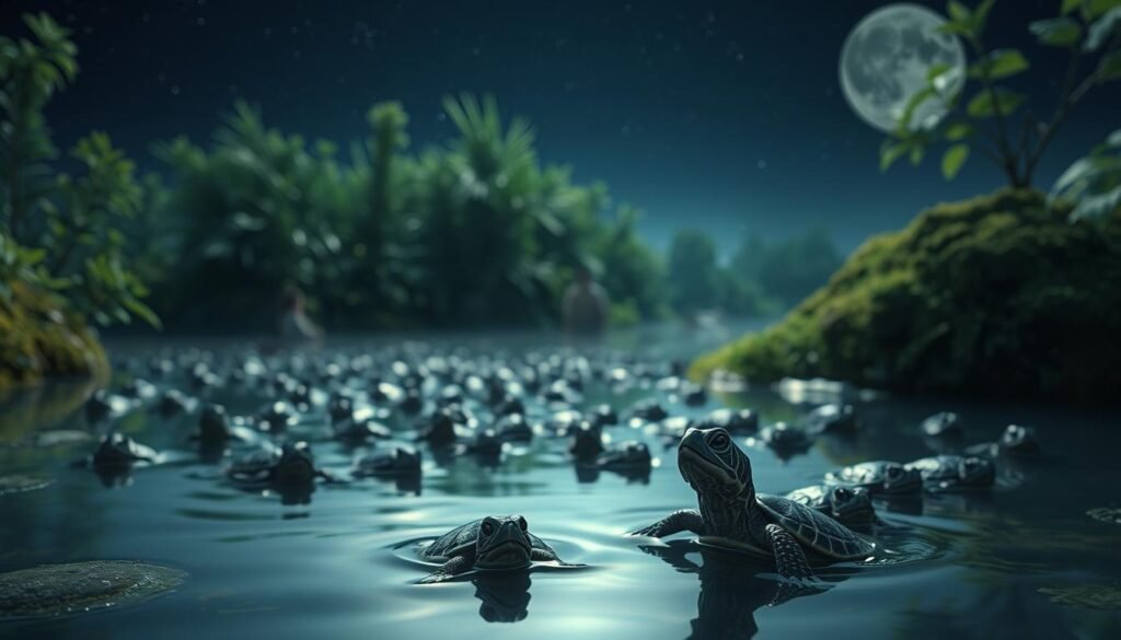 A tranquil dreamscape unfolds, where baby turtles rest in a serene, moonlit pond. In the foreground, a single hatchling gazes up, its eyes filled with wonder. Surrounding it, a gentle swarm of its siblings swim gracefully, their shells glistening under the soft, ambient lighting. In the middle ground, lush foliage and moss-covered rocks create a lush, verdant oasis, while the background reveals a starry sky, painted in hues of indigo and violet. The overall atmosphere is one of calm, protection, and the profound cycle of life, inviting the viewer to pause and contemplate the symbolic significance of these tiny, resilient creatures.