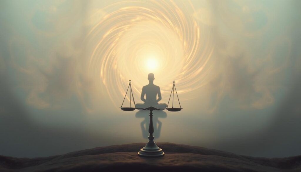 A tranquil dreamscape unfolds, where the ethereal and the material coexist in perfect harmony. In the foreground, a serene figure meditates, their aura radiating a soft, warm glow. Surrounding them, a swirling vortex of energy, representing the interplay between the spiritual and the physical realms. In the middle ground, a scale balances delicately, its two pans symbolizing the equilibrium between the material and the immaterial. The background is a hazy, kaleidoscopic landscape, with muted colors and subtle patterns, evoking the realm of the subconscious. Soft, diffused lighting casts a dreamlike quality, while the camera captures the scene from a low, contemplative angle, inviting the viewer to immerse themselves in this meditative, harmonious vision.
