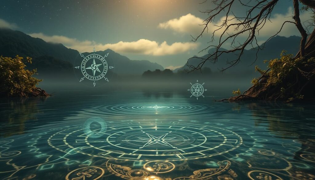 A tranquil dreamscape with intricate symbolism. In the foreground, a serene flood of clear, glistening waters, reflecting the night sky above. Swirling within the waters, mystical symbols emerge - a crescent moon, a compass rose, ancient glyphs. The middle ground features lush, verdant foliage, with vines and branches draping into the water. In the background, a majestic mountain range shrouded in mist, hinting at the subconscious depths being explored. Soft, warm lighting bathes the scene, creating an atmosphere of contemplation and inner exploration. The overall impression is one of a profound, transformative dream experience.