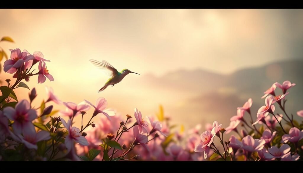 A tranquil, ethereal dreamscape with a glowing hummingbird hovering amidst a lush, vibrant floral garden. The hummingbird's iridescent feathers shimmer as it hovers near delicate, pastel-colored blossoms. Soft, diffused lighting bathes the scene in a warm, mystical glow, creating a sense of serenity and spiritual connection. In the background, a hazy, abstract landscape suggests a realm beyond the physical, hinting at the deeper, metaphysical significance of the hummingbird's presence. The composition is balanced and harmonious, inviting the viewer to contemplate the symbolic meaning of this enchanting vision.