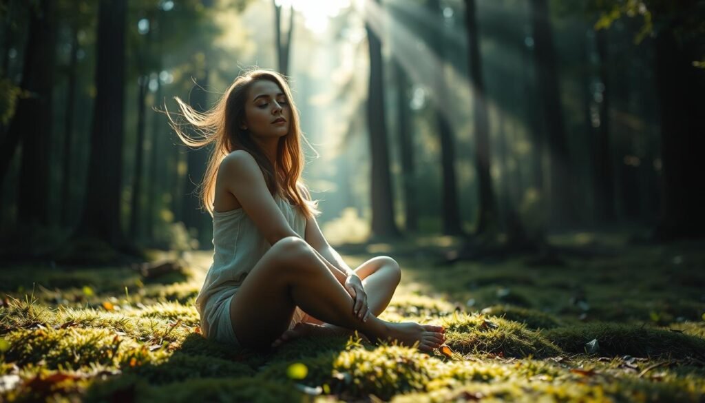 A tranquil forest clearing, sunlight filtering through the canopy, illuminating a woman seated cross-legged on the mossy ground. Her eyes are closed, expression serene, as she communes with the natural world around her. The grass and leaves caress her bare feet, connecting her to the rhythmic pulse of the earth. Wisps of her hair dance in a gentle breeze, mirroring the swaying of nearby trees. An aura of peaceful introspection permeates the scene, inviting the viewer to pause and feel the spiritual resonance of a barefoot connection to the divine.