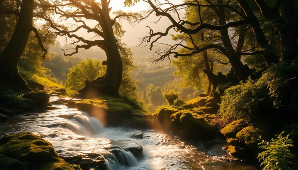 A tranquil forest glade, bathed in soft, golden sunlight. In the foreground, a cascading waterfall tumbles over mossy rocks, its crystal-clear waters reflecting the verdant foliage surrounding it. Swirling mist rises from the pool below, imbuing the scene with an otherworldly, dreamlike quality. In the middle ground, ancient, gnarled trees frame the waterfall, their branches reaching skyward. In the distance, a lush, verdant landscape stretches out, hazy mountains visible on the horizon. The overall mood is one of serenity, mysticism, and the powerful, restorative energy of nature.