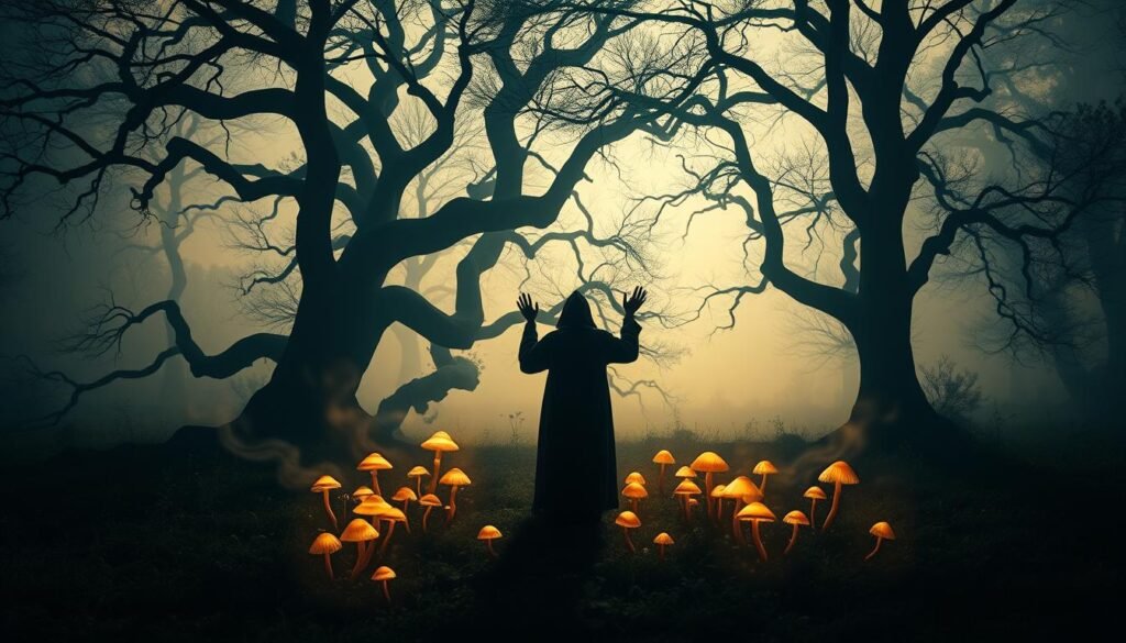 A tranquil forest glade, illuminated by a soft, ethereal glow. In the foreground, a dark-robed figure stands amidst a circle of glowing mushrooms, their hands raised in a gesture of mystical communion. Surrounding them, wispy tendrils of mist swirl in the air, hinting at the presence of unseen spiritual forces. In the middle ground, ancient trees with twisted branches cast long shadows, creating a sense of mystery and the unknown. The background fades into a hazy, dreamlike landscape, where the boundaries between the physical and the metaphysical blur, suggesting the deeper, hidden meanings that lie within the witch's dream.