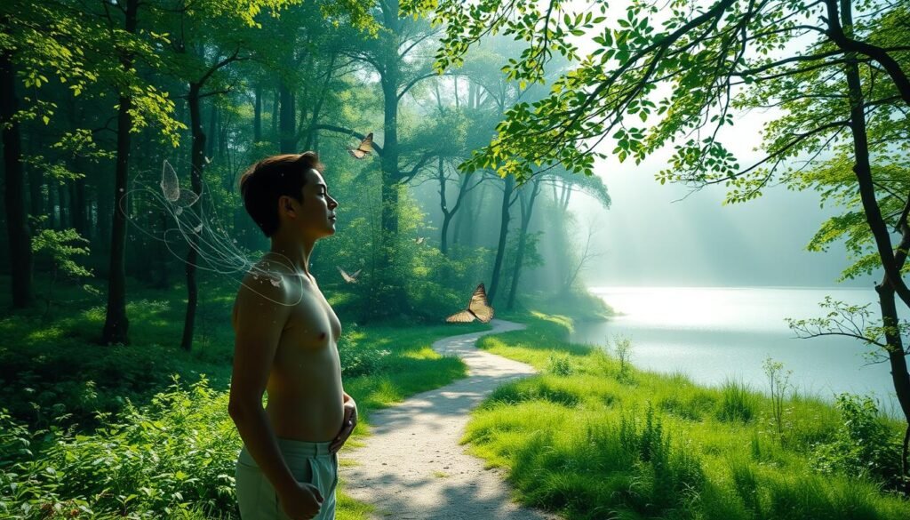 A tranquil forest glade, sunlight filtering through the verdant canopy. In the foreground, a person stands in a meditative pose, their face serene and focused. Tendrils of ethereal energy emanate from their body, transforming into delicate butterflies that flutter skyward. In the middle ground, a winding path leads to a shimmering lake, its waters mirroring the contemplative atmosphere. The background is shrouded in mist, hinting at the unknown and the potential for personal growth. The scene exudes a sense of introspection, transformation, and the connection between the inner and outer worlds.