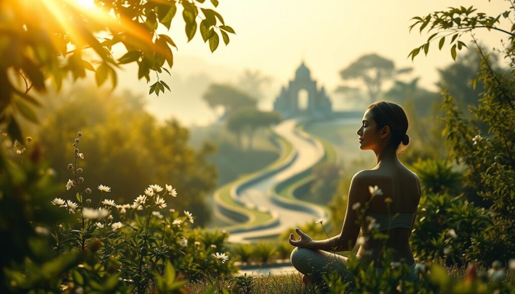 A tranquil garden landscape, bathed in soft golden light filtering through lush foliage. In the foreground, a serene figure sits in a meditative pose, their face radiating an expression of inner peace and spiritual rejuvenation. Delicate flowers bloom around them, symbolizing personal growth and the blossoming of the soul. In the middle ground, a winding path leads towards a distant temple or sanctuary, inviting the viewer to embark on a journey of self-discovery. The background is a hazy, ethereal realm, suggesting the interconnectedness of the physical and the metaphysical. The overall atmosphere is one of calming introspection, harmony, and the healing power of the natural world.