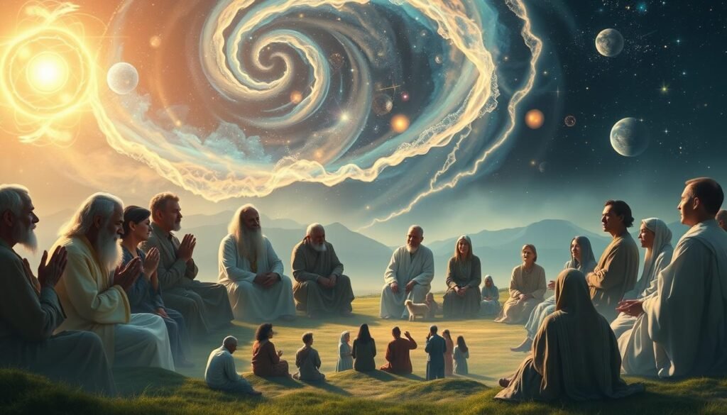 A tranquil gathering of diverse figures from around the world, seated in a serene, ethereal landscape. In the foreground, a circle of elders from various cultural traditions, deep in contemplation, their hands clasped, eyes closed, as they share their wisdom and insights on the symbolic meaning of milk dreams. Behind them, a swirling cosmic tapestry of glowing celestial bodies, nebulae, and mystical energies, illuminating the scene with a soft, otherworldly glow. In the middle ground, smaller gatherings of people from different cultures, engaged in lively discussions, exchanging their cultural perspectives on this shared human experience. The atmosphere is one of reverence, unity, and the exchange of profound, timeless knowledge.