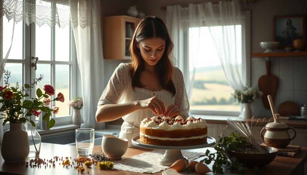 A tranquil kitchen scene, soft morning light filtering through lace curtains. In the center, a woman carefully mixing ingredients for a delectable cake, her movements graceful and deliberate. The kitchen counter is adorned with fresh flowers, herbs, and baking tools, lending an air of warmth and creativity. In the background, a view of a dreamy, pastoral landscape through an open window, hinting at the subconscious realm where the cake's symbolic meaning takes shape. The woman's expression is one of serene focus, as if baking this cake is a ritual, a meditation on the cycles of life and the nourishment of the soul. The overall atmosphere is one of quiet contemplation, where the act of baking becomes a gateway to the dream world.