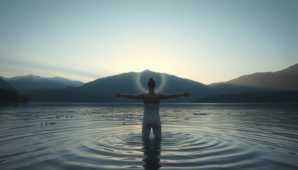 A tranquil lake at dawn, its surface reflecting the first rays of the sun. Towering mountains rise in the distance, their peaks shrouded in mist. In the foreground, a figure stands knee-deep in the water, their arms outstretched in a gesture of surrender and cleansing. Ethereal light cascades around them, casting a halo-like glow. The scene evokes a sense of spiritual rebirth and renewal, as if the very waters are purifying the soul. A surreal and dreamlike atmosphere pervades the landscape, suggesting the symbolic power of a flood to represent the cleansing of the spirit.