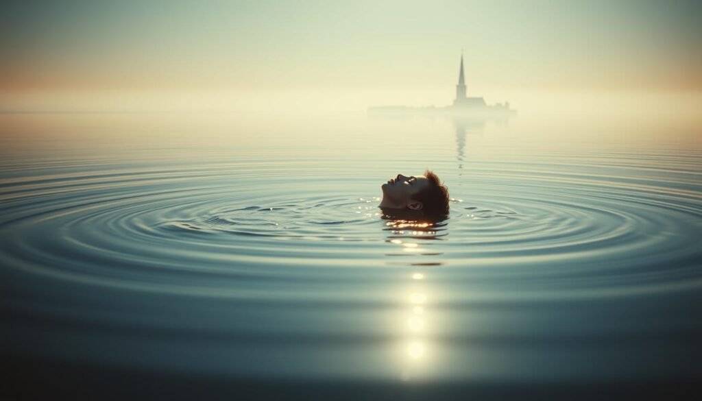 A tranquil lake at dawn, the surface mirroring the ethereal light. Floating amidst the still waters, a holy figure gazes inward, eyes closed in contemplative prayer. Shimmering ripples radiate outward, symbolizing the cleansing, regenerative power of the biblical waters. In the distance, a church steeple rises, a beacon of faith. The scene is imbued with a sense of spiritual serenity, inviting the viewer to meditate on the profound symbolism of drowning and rebirth in the Christian tradition. Captured with a soft, dreamlike lens, the image evokes the mystical realm where the physical and divine intertwine.