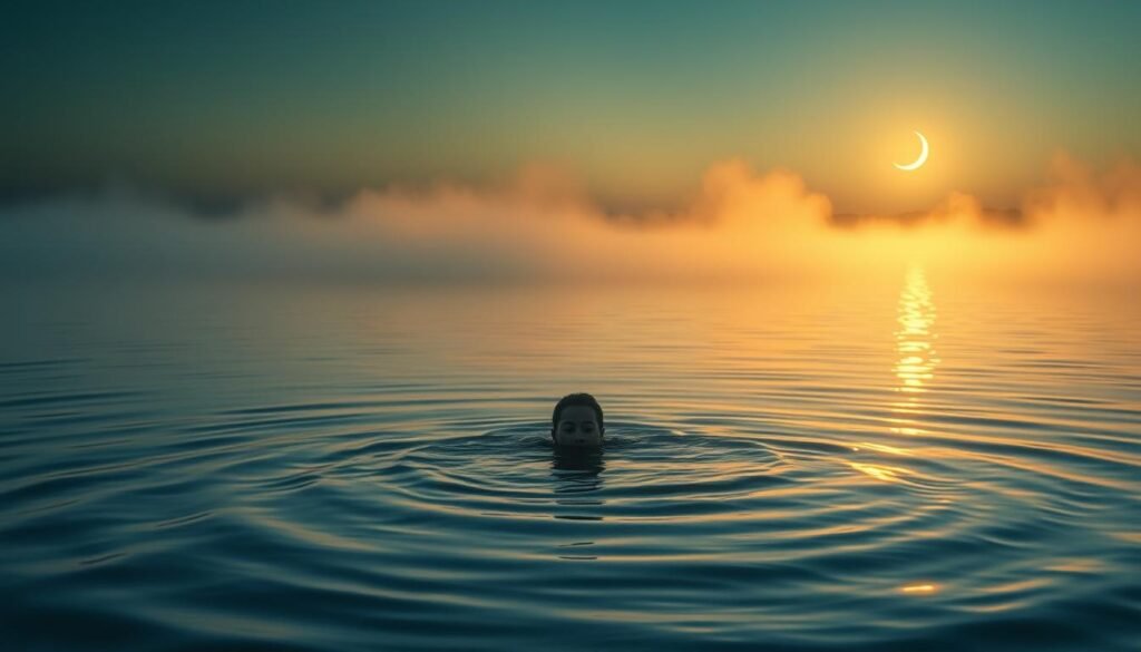 A tranquil lake at dusk, the surface rippling with ethereal energy. In the foreground, a solitary figure submerged, their face obscured by the gently lapping waves. Shafts of golden light pierce through the mist, illuminating the spiritual significance of this drowning dream. The middle ground features a swirling mist, hinting at the subconscious realms being explored. In the background, a distant shore with a crescent moon rising, symbolizing the cyclical nature of life and death. Soft, moody lighting creates an atmosphere of contemplation and introspection, inviting the viewer to ponder the deeper meaning behind the drowning dream.