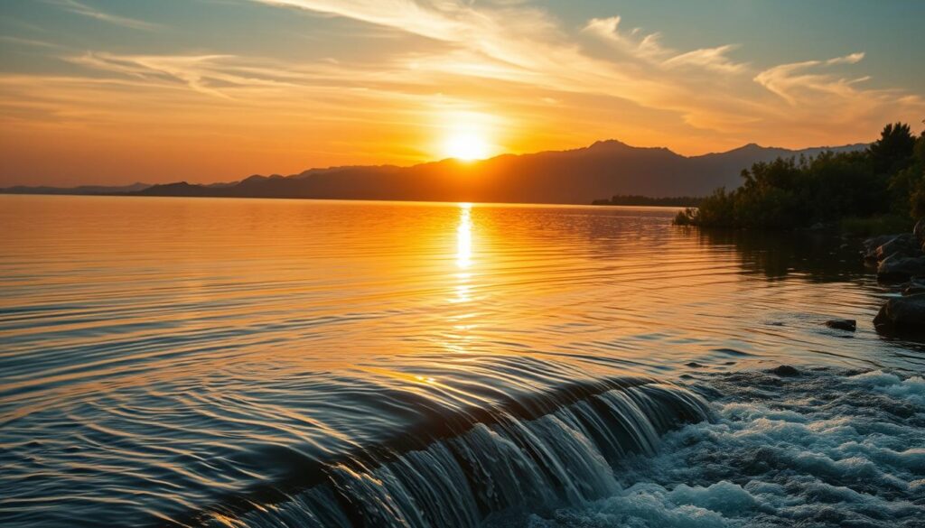 A tranquil lakeside scene, the surface of the water rippling gently under the warm, golden light of the setting sun. In the foreground, a cascading waterfall flows gracefully over smooth rocks, symbolizing the natural cycles of life and the fluidity of the subconscious. Wispy clouds drift overhead, creating a sense of serenity and contemplation. The middle ground features lush, verdant foliage, hinting at the deeper meanings and spiritual significance associated with flowing water in cultural dream interpretations. Distant mountains rise in the background, adding depth and a sense of the sublime to the overall composition. The scene evokes a sense of peace, reflection, and the profound connection between the physical and the metaphysical realms.