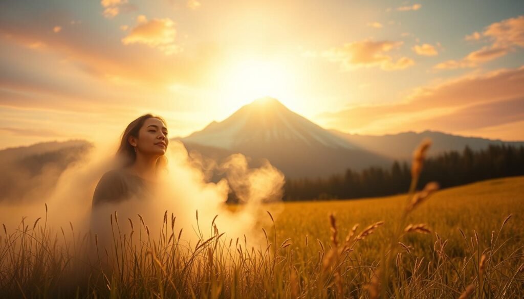 A tranquil meadow bathed in warm, golden sunlight. In the foreground, a figure emerges from ethereal mist, their face serene and expression radiant with a sense of inner peace. Wispy tendrils of energy emanate from the person, symbolizing the release of emotional burdens. The middle ground depicts a majestic, snow-capped mountain range, representing the lofty spiritual journey. In the background, a vibrant, kaleidoscopic sky unfolds, hinting at the boundless possibilities of emotional freedom. The overall mood is one of contemplation, rejuvenation, and a profound connection to the divine. Captured with a wide-angle lens to convey a sense of expansiveness and grandeur.