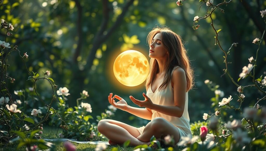 A tranquil meditation garden, soft sunlight filtering through lush foliage. In the center, a woman sitting in a serene pose, eyes closed, hands cradling a glowing orb representing her deepest dreams and aspirations. The orb emanates a warm, ethereal light, symbolizing the inner journey of personal growth and self-reflection. Surrounding her, blooming flowers and vines twist and wind, creating a sense of organic, feminine energy. The overall mood is one of introspection, hope, and the blossoming of new possibilities.