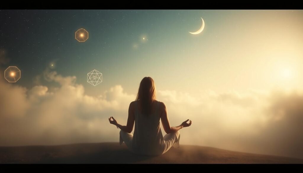 A tranquil, mystical dreamscape with ethereal symbols of spiritual healing. In the foreground, a serene figure meditates, surrounded by swirling mist and gentle light. Delicate, glowing orbs and geometric shapes float in the middle ground, representing the energy flow and balance of the subconscious. In the background, a vast, starry sky reveals a crescent moon, casting a soft, lunar glow over the entire scene. The atmosphere is one of introspection, intuition, and the invocation of inner wisdom. Capture this vision with a cinematic, wide-angle lens, using soft, diffused lighting to evoke a sense of the sacred and the transcendent.