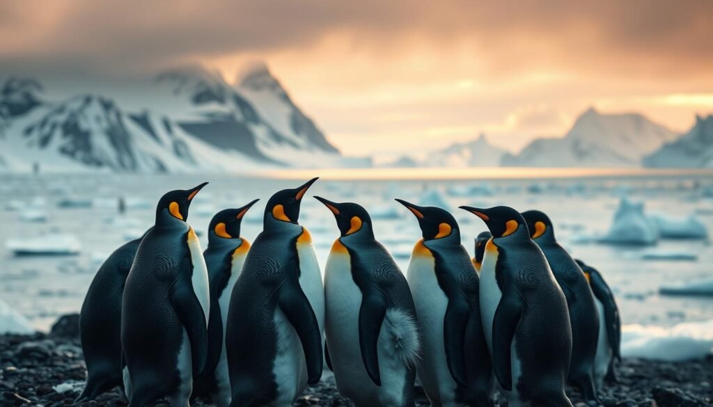 A tranquil natural scene depicting the cultural symbolism of penguins. In the foreground, a group of penguins stand in a huddle, their bodies adorned with intricate tribal-inspired patterns. Behind them, a stunning panoramic vista of an icy Antarctic landscape, with majestic mountains and a shimmering frozen sea. The lighting is soft and moody, casting a warm glow over the scene. The camera angle is slightly elevated, allowing for a broader view of the penguins' frozen habitat. The overall atmosphere conveys a sense of ancient wisdom, community, and the deep connection between these remarkable birds and the natural world.