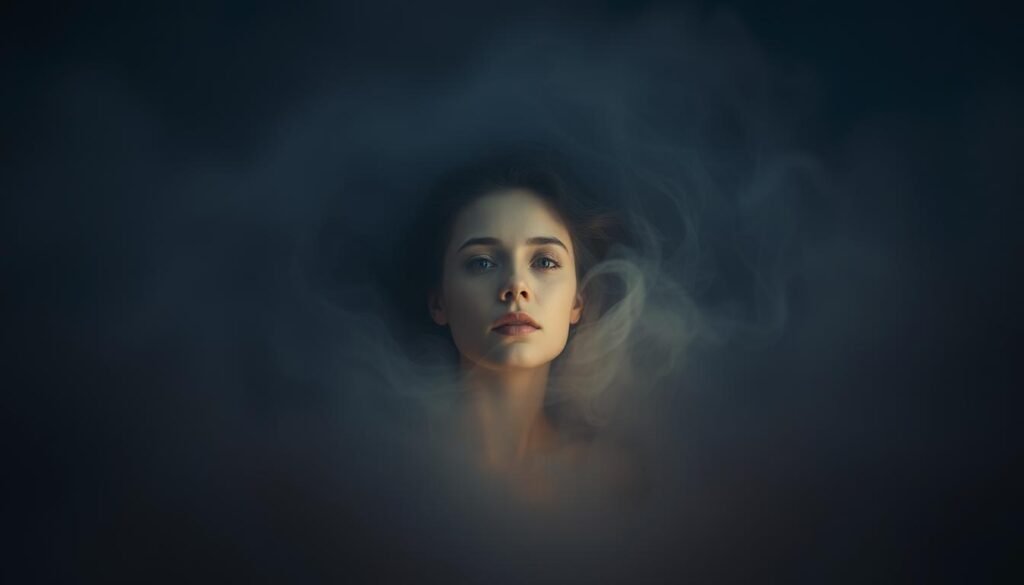 A tranquil nightscape where a figure floats amidst swirling, dreamlike mists. Soft, ambient lighting illuminates their face, capturing a serene, introspective expression as they are enveloped in a cocoon of ethereal wisps. The background is a hazy, abstract landscape, with muted hues and a sense of depth, suggesting a liminal, transitional space between waking and dreaming. The overall mood is one of emotional healing and resolution, as the figure finds solace and clarity in the subconscious realm of the mind.