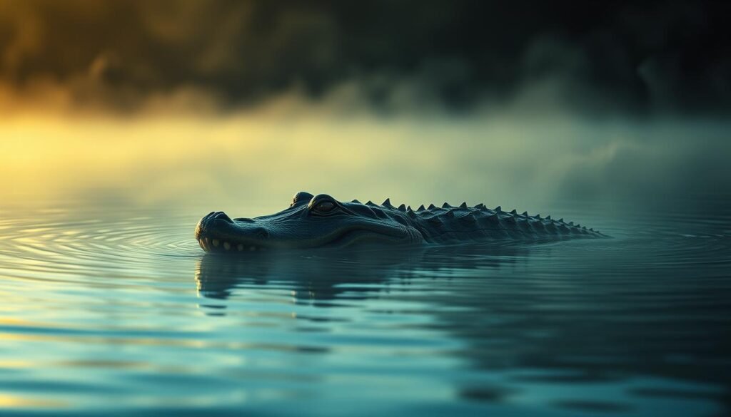 A tranquil pond at dusk, its surface shimmering with reflections. In the foreground, a mighty crocodile emerges, its eyes gleaming with ancient wisdom. Swirling mists shroud the scene, hinting at a mystical realm beyond the physical. The crocodile's form shifts and distorts, as if in the throes of transformation, symbolizing the power of personal growth and the shedding of old skins. Ethereal, golden light filters through the haze, casting a warm, introspective glow over the tableau. A sense of quiet contemplation and the discovery of hidden potential permeates the atmosphere.
