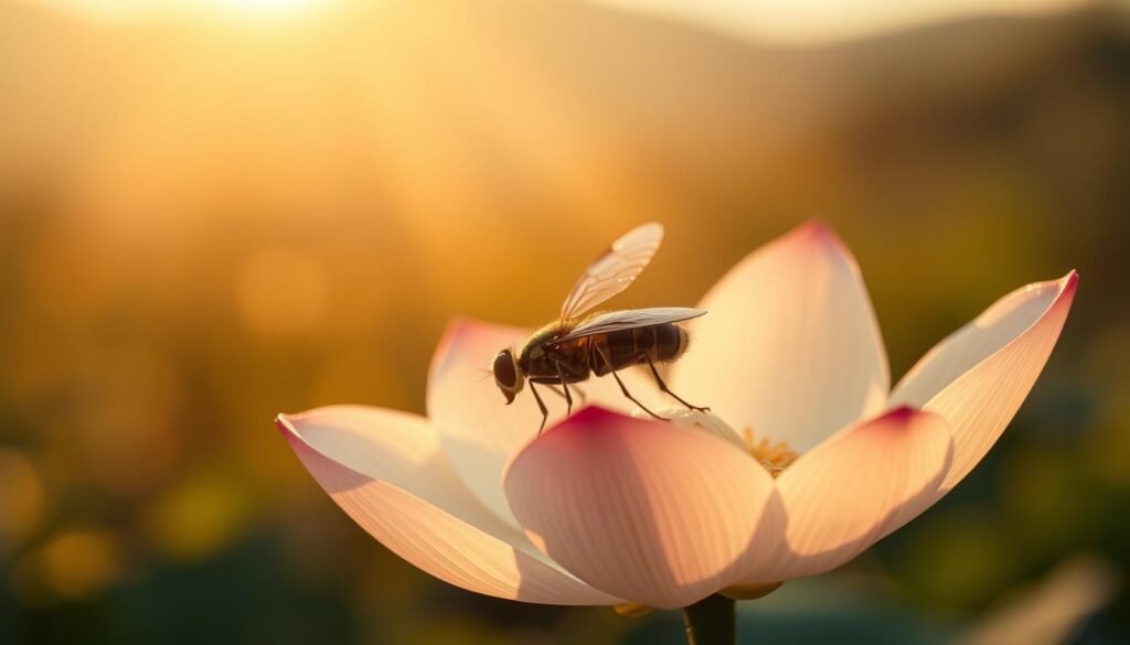 A tranquil scene of a fly resting peacefully on a delicate, translucent lotus blossom, its iridescent wings gently outstretched. The flower's petals symbolize spiritual awakening and renewal, while the fly represents the physical and mental well-being. Warm, golden sunlight filters through the background, casting a serene glow and creating a sense of harmony. The composition is balanced, with the fly in the center, surrounded by the ethereal lotus and a hazy, dreamlike landscape. This image conveys the idea of physical and spiritual health coexisting in a state of equilibrium, as suggested by the symbolism of the fly and the lotus.