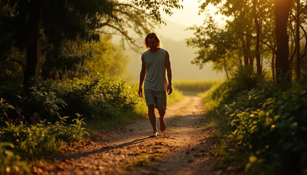 A tranquil scene of a person walking barefoot on a serene, sunlit path surrounded by lush green foliage. The subject's expression is one of introspection and spiritual contemplation, their gaze cast downwards as they step mindfully, leaving no footprints. The background is a soft, hazy landscape, evoking a dreamlike, meditative atmosphere. Warm, golden lighting filters through the trees, casting a gentle glow on the scene. The overall mood is one of inner peace, connection with nature, and a sense of being grounded and present in the moment.