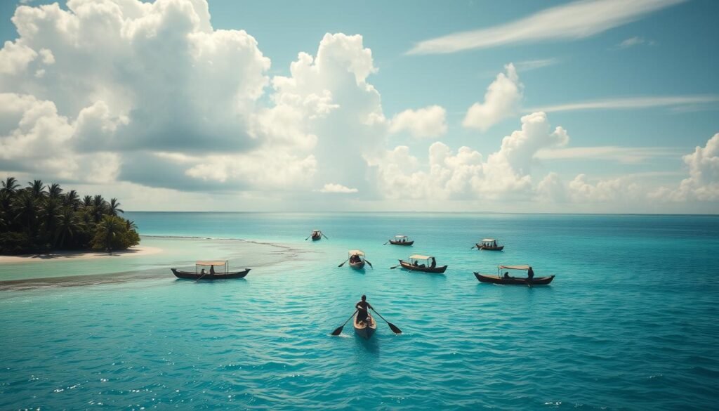 A tranquil seascape where the boundaries between the conscious and subconscious blur. In the foreground, a lush tropical island with swaying palm trees and serene azure lagoons, its shores gently lapped by the waves. In the middle ground, a fleet of traditional outrigger canoes glides across the glimmering waters, their occupants' faces reflecting a sense of peaceful contemplation. Billowing cumulus clouds drift across the horizon, casting soft, diffused light upon the scene. The overall mood is one of emotional safety and inner calm, as if the viewer has stumbled upon a dream-like sanctuary, sheltered from the unknown depths that lie beyond the reef.
