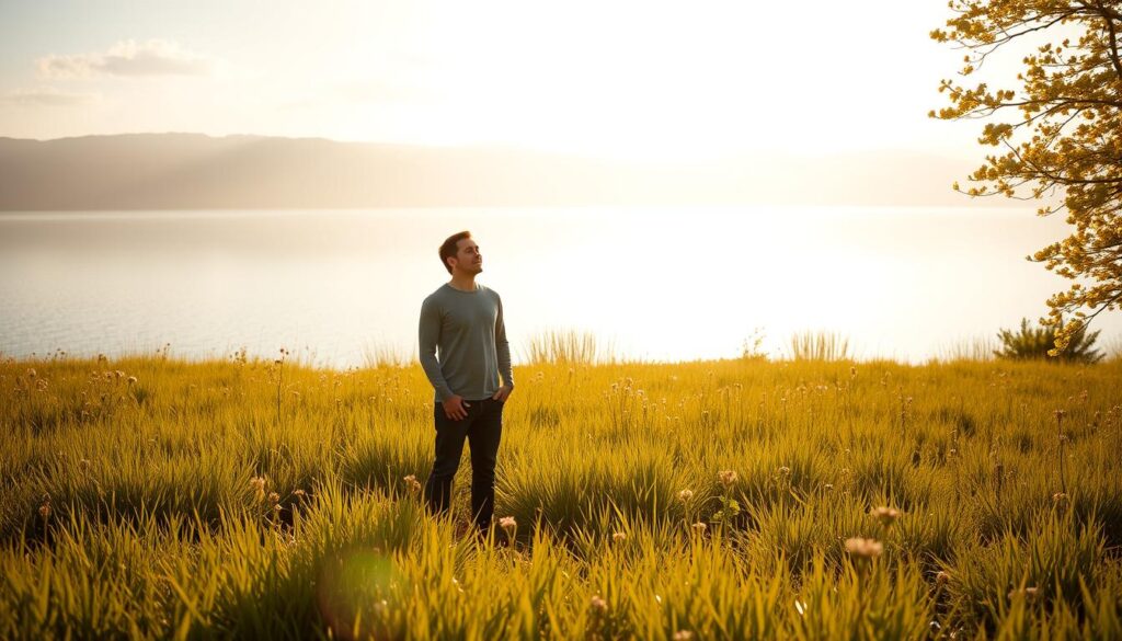 A tranquil, sun-dappled meadow, with soft, verdant grass and wildflowers in bloom. At the center, a figure stands tall and confident, radiating an aura of self-assurance and inner peace. The lighting is warm and gentle, casting a soft, golden glow that envelops the scene. In the background, a serene lake reflects the sky, its calm waters mirroring the subject's unwavering sense of self-worth. The composition is balanced and harmonious, with the figure occupying a prominent position, their expression conveying a deep contentment and unshakable relationship confidence.