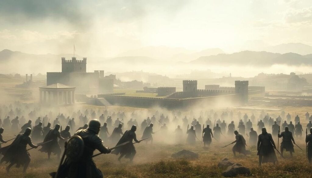A vast, ancient battlefield stretches before the viewer, enveloped in a dreamlike, ethereal atmosphere. In the foreground, ghostly figures of warriors locked in combat emerge from the mist, their armored forms blurring into the landscape. The middle ground features the ruins of a once-grand citadel, its crumbling towers and ramparts evoking the passage of centuries. In the distance, a horizon of mountains looms, their peaks shrouded in a hazy, otherworldly glow. The entire scene is bathed in a soft, diffused light, creating a sense of timelessness and the weight of history. Subtle, kaleidoscopic overlays suggest the echoes of past conflicts and the interconnectedness of ancestral dreams.