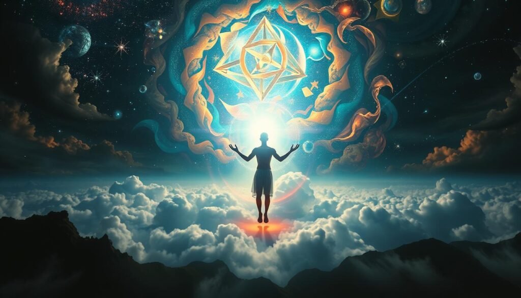 A vast cosmic storm rages within the mind's eye, swirling with prismatic energy and celestial imagery. In the foreground, a transcendent figure emerges, bathed in a halo of luminescent light, their hands outstretched in a gesture of spiritual awakening. Surrounding them, abstract shapes and geometric patterns coalesce, reflecting the inner journey of transformation. The middle ground is awash with shimmering clouds, hinting at the dissolution of the physical world, while the background is suffused with a dreamlike, impressionistic landscape, evoking a sense of the sublime and the mystical. Dramatic chiaroscuro lighting casts dramatic shadows, heightening the sense of emotional and spiritual intensity. The overall atmosphere is one of profound inner exploration, a transformative experience that bridges the material and the transcendent.