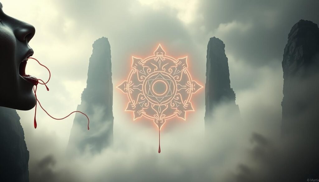 A vast, dreamlike landscape shrouded in mist, where ancient symbols and patterns emerge from the ethereal fog. In the foreground, a disembodied human mouth, its lips parted to reveal a trickle of blood that cascades down, intertwining with ghostly tendrils. The middle ground features a pulsing, abstract sigil, its intricate designs glowing with an otherworldly light, symbolizing the ancestral connections and spiritual significance of the blood dream. Towering in the background, towering monolithic structures, their surfaces etched with primal markings, stand as silent witnesses to the profound mysteries of the subconscious. Soft, diffused lighting casts an eerie, atmospheric glow, heightening the sense of the mystical and the unseen.