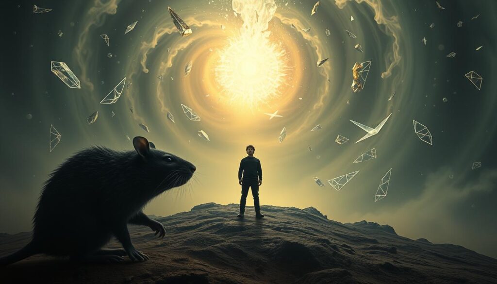 A vast, dreamlike landscape where a person stands in the center, surrounded by a swirling vortex of dream symbols. In the foreground, a large, looming rat represents the buried fears and challenges to personal growth. Yet, the person appears resolute, their face serene, as they gaze upwards towards a glowing, ethereal portal. Cascading around them, a myriad of surreal imagery - floating crystals, ephemeral wisps, and fragmented geometric shapes - all converging to depict the transformative power of dream symbolism. Soft, muted lighting casts an introspective mood, while a high-angle perspective adds a sense of mysticism and grandeur to the scene. The overall composition suggests a visual metaphor for the profound journey of personal transformation through the symbolic language of dreams.