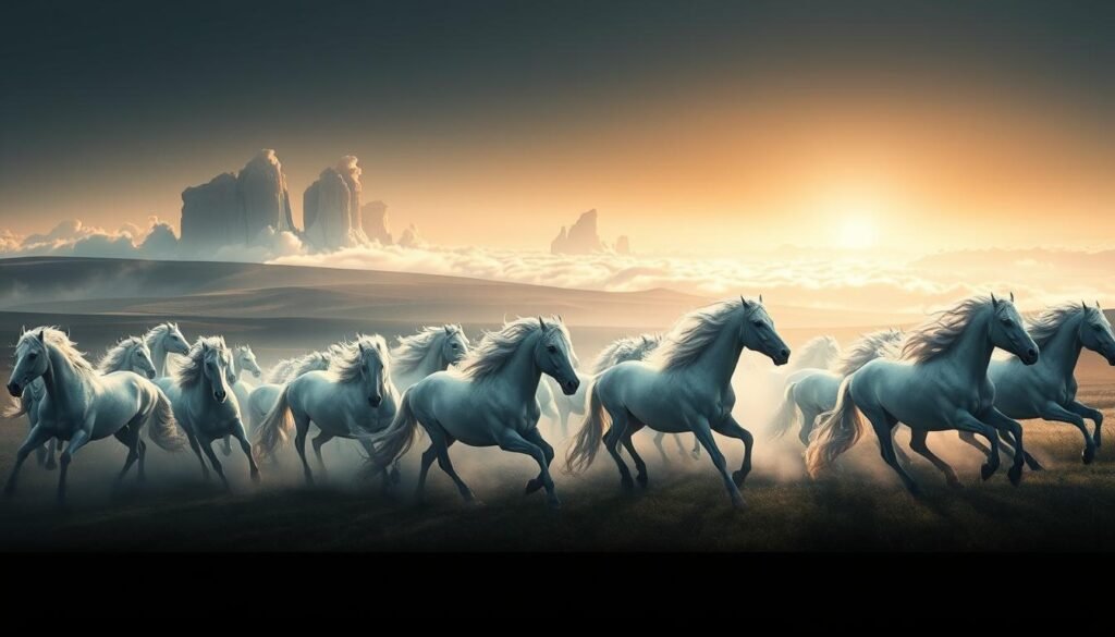 A vast, ethereal expanse stretches before a rolling landscape. In the foreground, a majestic, otherworldly herd of horses gallops, their manes and tails flowing with an unearthly grace. The horses' coats shimmer in shades of white, silver, and pale blue, as if imbued with an inner luminescence. Their movements are imbued with a sense of divine purpose, as if guided by unseen forces. The middle ground reveals towering, cloud-like formations, casting long shadows across the scene. In the distance, a glowing horizon bathes the entire vision in a warm, prophetic glow. The overall atmosphere is one of mysticism, wonder, and a profound sense of the divine.