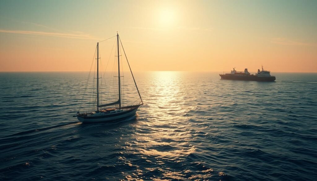 A vast, tranquil ocean stretches into the horizon, reflecting the sky's hues. In the foreground, a weathered sailboat cuts through the gently lapping waves, its mast reaching skyward like a guiding beacon. Alongside it, a sleek cruise liner glides effortlessly, symbolizing the different paths one may take on the journey of life. In the background, a silhouetted cargo ship looms, a reminder of the unseen depths and challenges that lie ahead. The scene is bathed in a warm, golden light, evoking a sense of introspection and personal growth. The vessels, each with their own unique purpose, embody the diverse experiences and choices that shape an individual's life path.