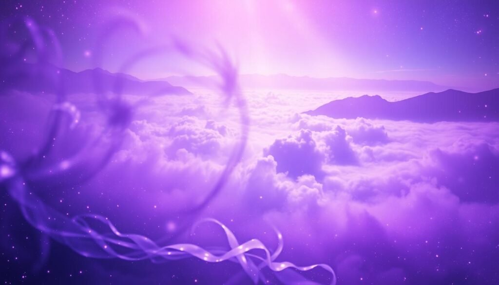 A vibrant and ethereal dream landscape, enveloped in shimmering hues of lavender, amethyst, and indigo. In the foreground, ethereal wisps of purple energy swirl and dance, casting a mesmerizing glow. The middle ground features a serene, cloud-like expanse in varied tones of purple, hinting at the subconscious realm. In the distant background, a captivating array of purple mountains rise, their peaks shrouded in a mystical mist. The lighting is soft and diffused, creating an atmosphere of tranquility and introspection. Subtle textures and details throughout, conveying a sense of the spiritual and the divine. A dreamlike interpretation of the power and significance of the color purple.