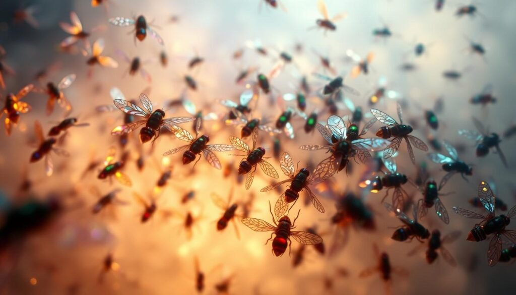 A vibrant and ethereal dream-like interpretation of a swarm of colorful, otherworldly flies. In the foreground, a mesmerizing cluster of flies in a kaleidoscope of hues - sapphire, emerald, amethyst, and gold - gracefully dance and shimmer against a backdrop of soft, hazy light. In the middle ground, the flies morph and transform, their iridescent wings and bodies subtly shifting between shades, creating a sense of mystical energy. The background is shrouded in a dreamscape of mist and vapor, evoking a liminal, spiritual realm. Dramatic, dramatic chiaroscuro lighting casts dramatic shadows, heightening the sense of mystery and the subconscious. An evocative vision that explores the symbolic and metaphysical significance of these enigmatic insects.