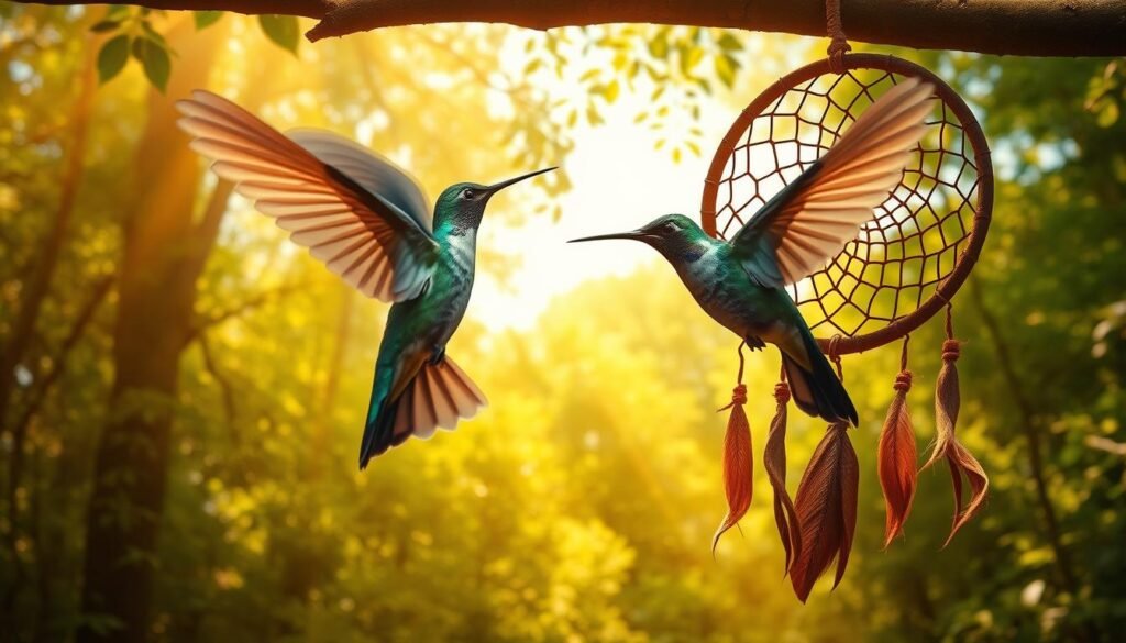 A vibrant and mystical scene depicting Native American hummingbird symbolism. In the foreground, a magnificent hummingbird with iridescent feathers hovers gracefully, its wings a blur of motion. In the middle ground, a dreamcatcher with intricate woven patterns hangs from a branch, symbolizing the connection between the natural and spiritual worlds. The background is a lush, verdant forest, with rays of warm, golden light filtering through the canopy, creating a serene and otherworldly atmosphere. The overall composition conveys a sense of harmony, spirituality, and the interconnectedness of all things, as the hummingbird's presence represents joy, resilience, and a divine message from the ancestors.