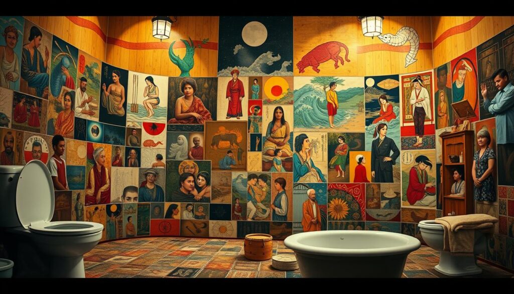 A vibrant, cross-cultural collage depicting the diverse interpretations of bathroom dreams from around the world. In the foreground, a mosaic of symbolic icons - toilets, plungers, bathtubs - representing the universal themes of cleansing, purification, and release. In the middle ground, vignettes of people from various ethnicities and backgrounds, each engaged in contemplative dream analysis. The background features a rich tapestry of traditional art styles, from Aboriginal dreamtime paintings to Japanese ukiyo-e woodcuts, all woven together to showcase the global tapestry of dream interpretations. Warm, earthy tones pervade the scene, creating a sense of timelessness and ancestral wisdom. Dramatic lighting casts deep shadows, evoking the mysterious, subconscious nature of dreams.