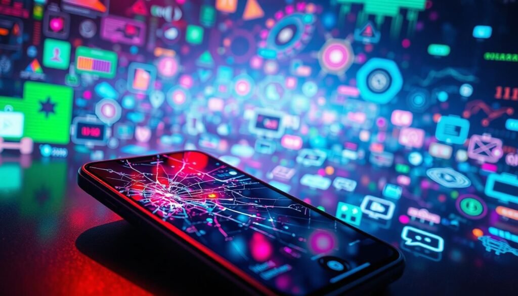 A vibrant digital dreamscape, where the symbols of the modern age come to life. In the foreground, a cracked smartphone screen, its shattered glass reflecting the ethereal glow of digital motifs: binary code, network nodes, and pulsing circuits. The middle ground teems with holographic icons, each representing the tools and technologies that define our connected existence. In the background, a kaleidoscope of data visualizations and glitching digital patterns, casting an otherworldly, neon-infused illumination across the scene. Soft, diffused lighting imbues the image with a sense of surreal, contemplative wonder, inviting the viewer to ponder the deeper cultural implications of our reliance on these ubiquitous digital devices.