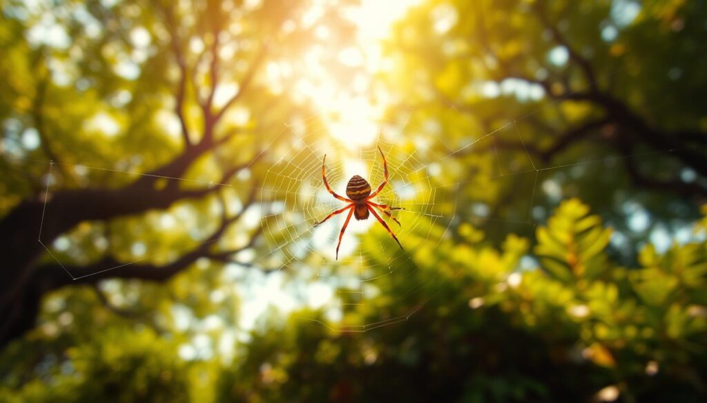 A vibrant dream landscape where a serene spider spins a web of hope and positivity. The spider rests peacefully, its intricate design shimmering in the soft, warm light. In the background, a verdant forest canopy provides a calming, natural backdrop. The scene emanates a sense of tranquility and inner growth, inviting the viewer to find the hidden meaning and potential in their own dreams. Captured through a wide-angle lens with a shallow depth of field, the image offers a dreamlike, introspective atmosphere.