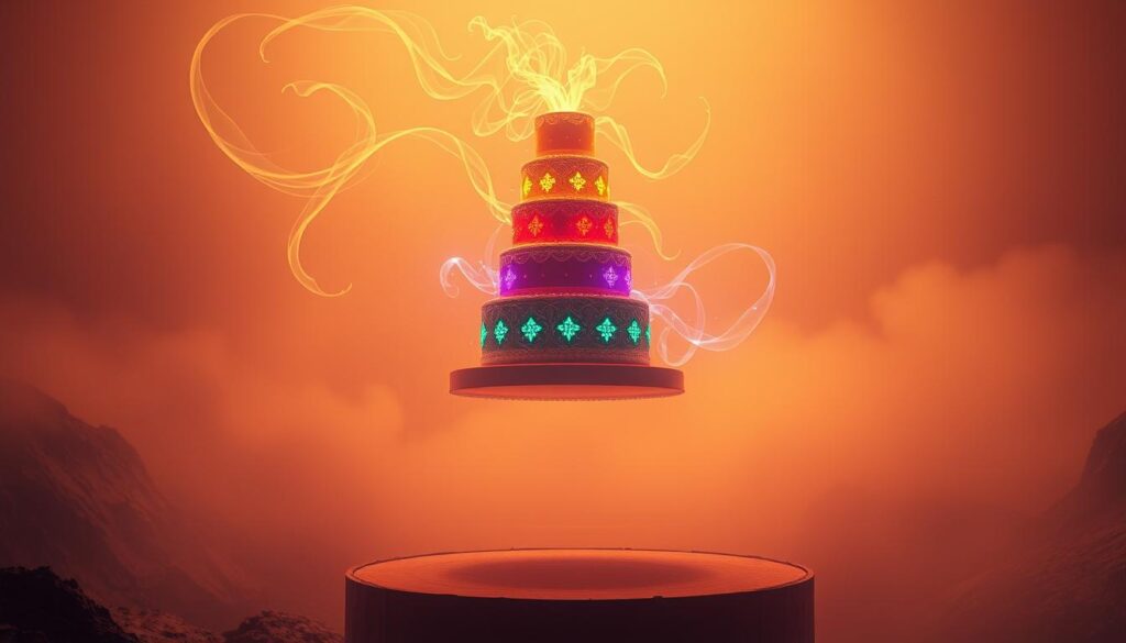 A vibrant, dreamlike cake-scape illuminated by warm, ethereal lighting. In the foreground, an ornate, tiered cake levitates, each layer glowing with a distinct symbolic color - red, yellow, blue, green. Wispy, translucent swirls of color and energy emanate from the cake, creating a sense of mysticism and the subconscious. The middle ground features a minimalist, abstract landscape with geometric shapes and patterns, representing the intricate symbolism of cake dreams. The background is shrouded in a hazy, dreamlike atmosphere, with soft, muted tones that evoke a sense of the unconscious mind. Captured through a wide-angle lens with a shallow depth of field, the image conveys a sense of wonder, imagination, and the deep psychological significance of cake in our dreams.