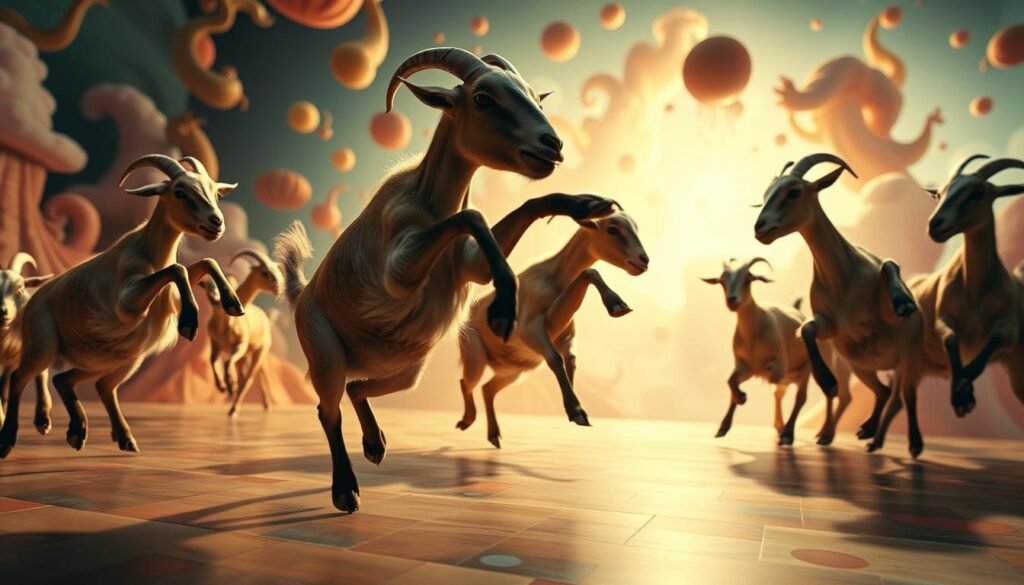 A vibrant, dreamlike dance scene featuring a group of playful, energetic goats swirling and leaping against a whimsical backdrop. In the foreground, the goats move with graceful, rhythmic motions, their hooves seeming to defy gravity. The middle ground showcases a kaleidoscope of colors and patterns, hinting at the joyful, celebratory atmosphere. In the background, a surreal landscape of floating, cloud-like forms and organic shapes creates a sense of boundless imagination. Warm, diffused lighting bathes the entire scene, imbuing it with a sense of warmth and wonder. Captured with a wide-angle lens to emphasize the expansive, immersive quality of the image.