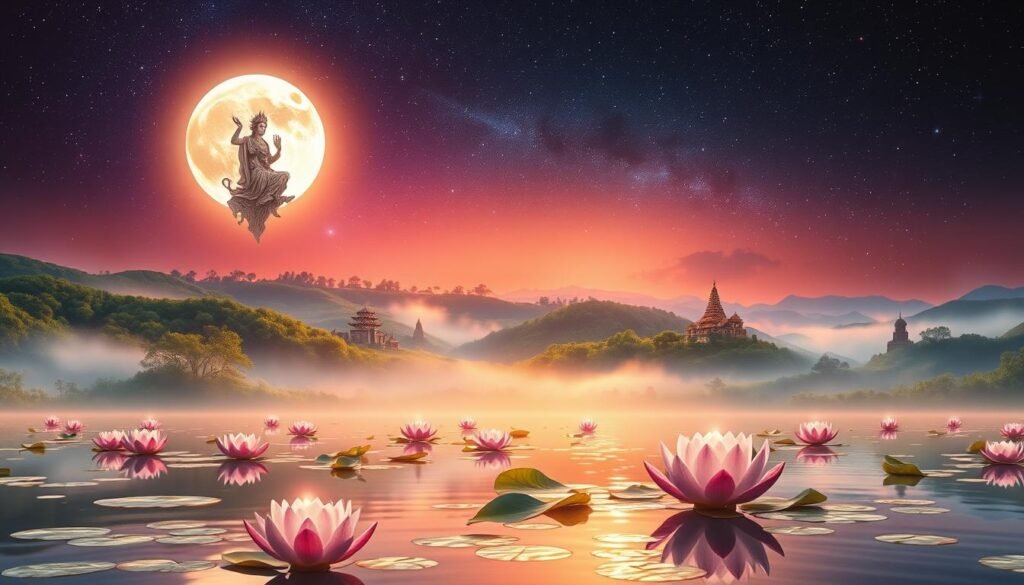A vibrant, dreamlike landscape bathed in the ethereal glow of a full moon. In the foreground, a serene lake reflects the celestial orb, its shimmering surface dotted with lotus blossoms symbolizing spiritual awakening. Hovering above, a pantheon of celestial figures representing various cultural moon deities - a graceful goddess, a wise elder, a playful hare - coalesce in a symphony of divine energy. The middle ground features rolling hills cloaked in a veil of mist, with ancient temples and shrines nestled amidst the verdant foliage, hinting at the deep-rooted lunar mythologies of diverse civilizations. The background is a starry expanse, the cosmos alive with shooting stars and swirling galaxies, evoking the infinite mysteries of the moon.