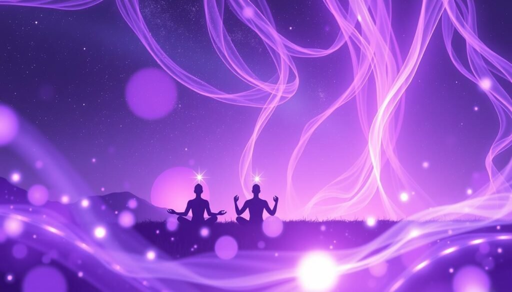A vibrant, dreamlike landscape of swirling purple chakra energy. In the foreground, luminous orbs of violet light pulsate and dance, emitting a soft glow. The middle ground features silhouetted figures in a meditative pose, their auras radiating with spiritual essence. In the background, a starry night sky serves as a canvas for cascading ribbons of amethyst energy, creating a sense of cosmic connection. Soft, diffused lighting illuminates the scene, evoking a sense of tranquility and inner harmony. The overall composition conveys the power and transcendence of the purple chakra, visualizing the mystical realm of dreams and intuition.