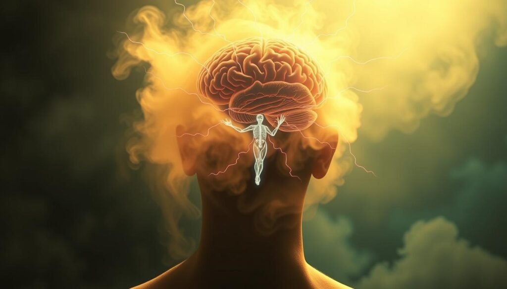 A vibrant, dreamlike scene depicting the dichotomy between medical and metaphysical interpretations of seizure dreams. In the foreground, a person's head is surrounded by a hazy, ethereal aura, suggesting a spiritual or mystical experience. In the middle ground, a detailed anatomical rendition of the brain pulses with electric currents, representing the physiological aspects. The background features a dimly lit, textured environment, evoking a sense of the subconscious and the unknown. Soft, warm lighting creates an introspective, slightly unnerving atmosphere. Cinematic camera angles and a surreal, impressionistic style convey the subject's personal, subjective experience.