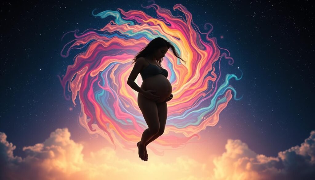 A vibrant, dreamlike scene depicting the physical and mental health connections to pregnancy dreams. In the foreground, a pregnant figure floats weightlessly, surrounded by a soft, ethereal glow. Behind them, a swirling vortex of colorful, abstract shapes and patterns symbolizes the subconscious mind and the stresses of pregnancy. The background features a starry, midnight-blue sky, conveying a sense of the unknown and the mysteries of the human psyche. Dramatic backlighting casts dramatic shadows, adding depth and drama to the composition. Soft, diffused lighting creates a sense of tranquility and introspection. A surreal, imaginative interpretation of the theme of "Health-Related Dreams and Pregnancy Dream Stress".