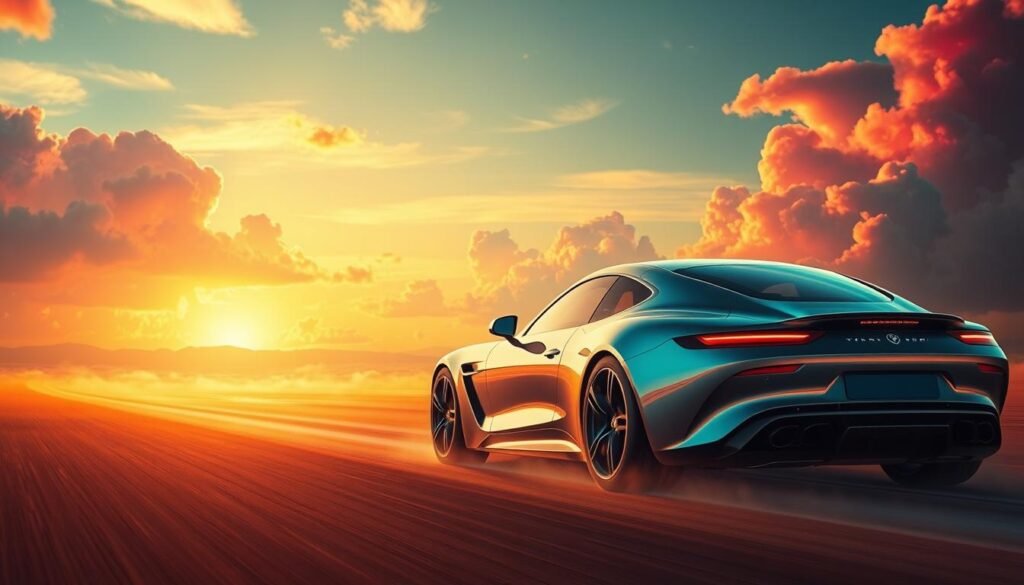 A vibrant, dreamlike scene depicting the symbolic significance of car colors in the subconscious. In the foreground, a sleek, futuristic car of shimmering chrome and iridescent glass glides effortlessly through a surreal landscape. The middle ground features a kaleidoscope of colored clouds, each hue representing a different psychological state - red for passion, blue for tranquility, green for growth. In the distance, a horizon of shifting, abstract shapes suggests the myriad interpretations our minds can project onto the cars we encounter in our dreams. Warm, diffused lighting casts a mesmerizing glow, evoking a sense of inner exploration and self-discovery. The overall composition invites the viewer to ponder the hidden meanings behind the cars of their subconscious.
