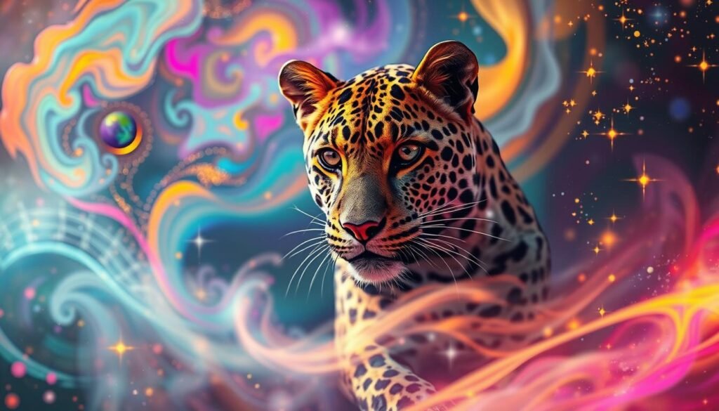 A vibrant, dreamlike scene of a leopard surrounded by a kaleidoscope of colors. In the foreground, the leopard's spotted fur shimmers with hues of teal, lavender, and gold, its eyes gleaming with an intense, mystical gaze. The middle ground features a swirling miasma of abstract shapes and patterns, evoking a sense of subconscious imagery. In the background, a celestial backdrop of shimmering stars and nebulae creates an otherworldly, transcendent atmosphere. Soft, diffused lighting casts a warm, ethereal glow, heightening the symbolic and spiritual nature of the scene. The overall composition conveys the deep, symbolic significance of leopard imagery in dreams, blending the animal's power and grace with a visionary, mystical quality.