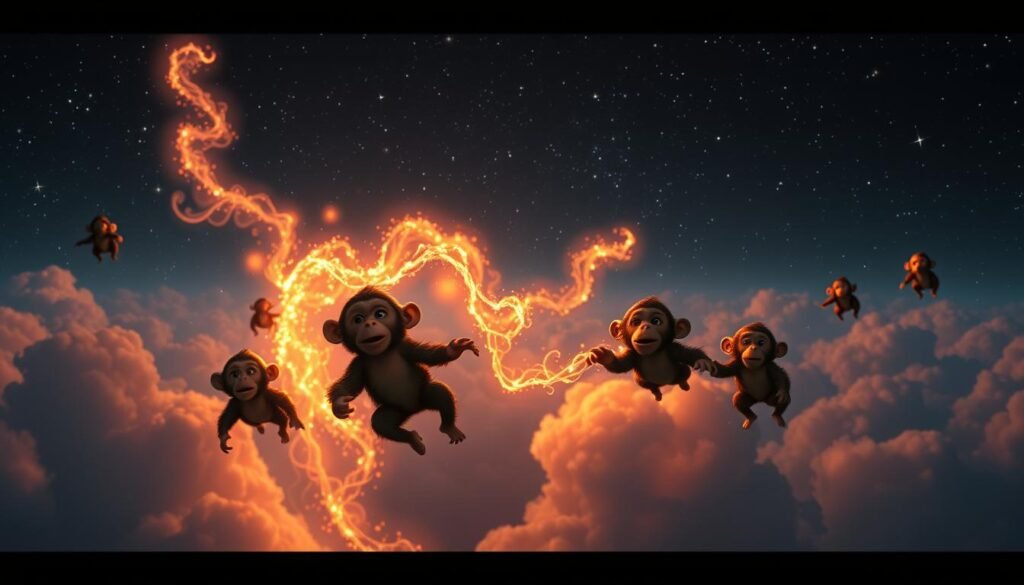 A vibrant, dreamlike scene of a troop of whimsical monkeys floating in a starry night sky. In the foreground, playful primates drift among glowing, ethereal clouds, their expressions serene and contemplative. In the middle ground, a cascade of shimmering, nebula-like energy swirls and dances, casting a warm, otherworldly glow. The background is a vast, inky expanse dotted with twinkling stars, suggesting a mystical, transcendent realm. The overall mood is one of wonder, introspection, and the blurring of reality and imagination.