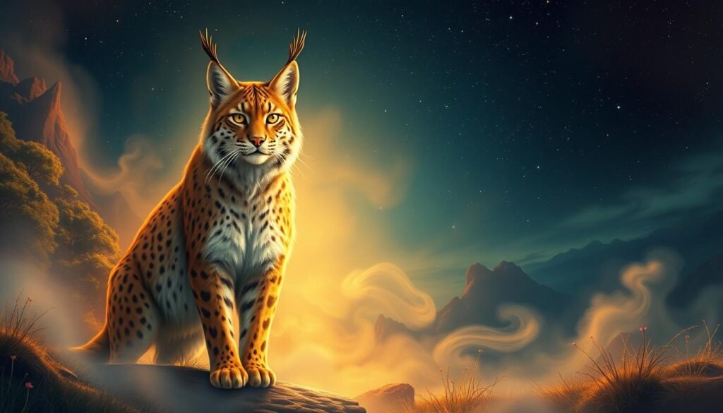A vibrant dreamscape featuring a majestic bobcat spirit guide, its golden eyes gleaming with wisdom, poised amidst a lush, ethereal landscape. In the foreground, the bobcat stands tall, its powerful stance emanating an aura of wild independence. The middle ground is filled with swirling, mystical mists, hinting at the subtle, hidden energies it embodies. In the background, a starry night sky casts a serene, otherworldly glow, creating a sense of deep, spiritual connection. Warm, diffused lighting illuminates the scene, adding an air of mysticism. Rendered with a painterly, impressionistic style to capture the essence of a profound dream vision.