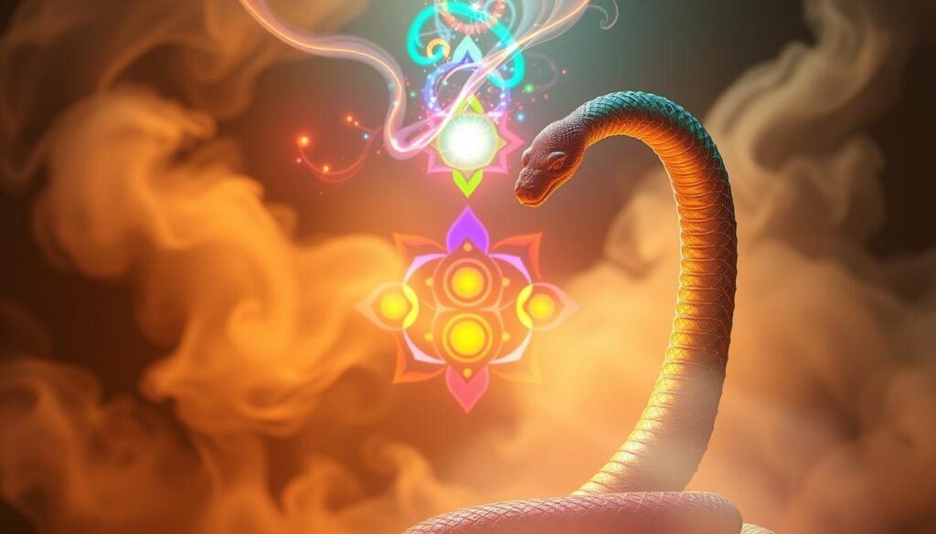 A vibrant, ethereal image of chakra activation and kundalini energy. In the foreground, a serpentine figure coils upwards, its luminous scales shimmering with an iridescent glow. Wisps of colorful energy emanate from the figure, weaving through the air and converging at a central point. The middle ground features stylized chakra symbols in brilliant hues, pulsing with an inner light. The background is shrouded in a mystical, misty atmosphere, with swirling patterns of energy and a sense of transcendent, spiritual power. Soft, warm lighting casts a serene, otherworldly glow over the entire scene. A powerful, visually striking depiction of the awakening of kundalini energy and the activation of the chakras.
